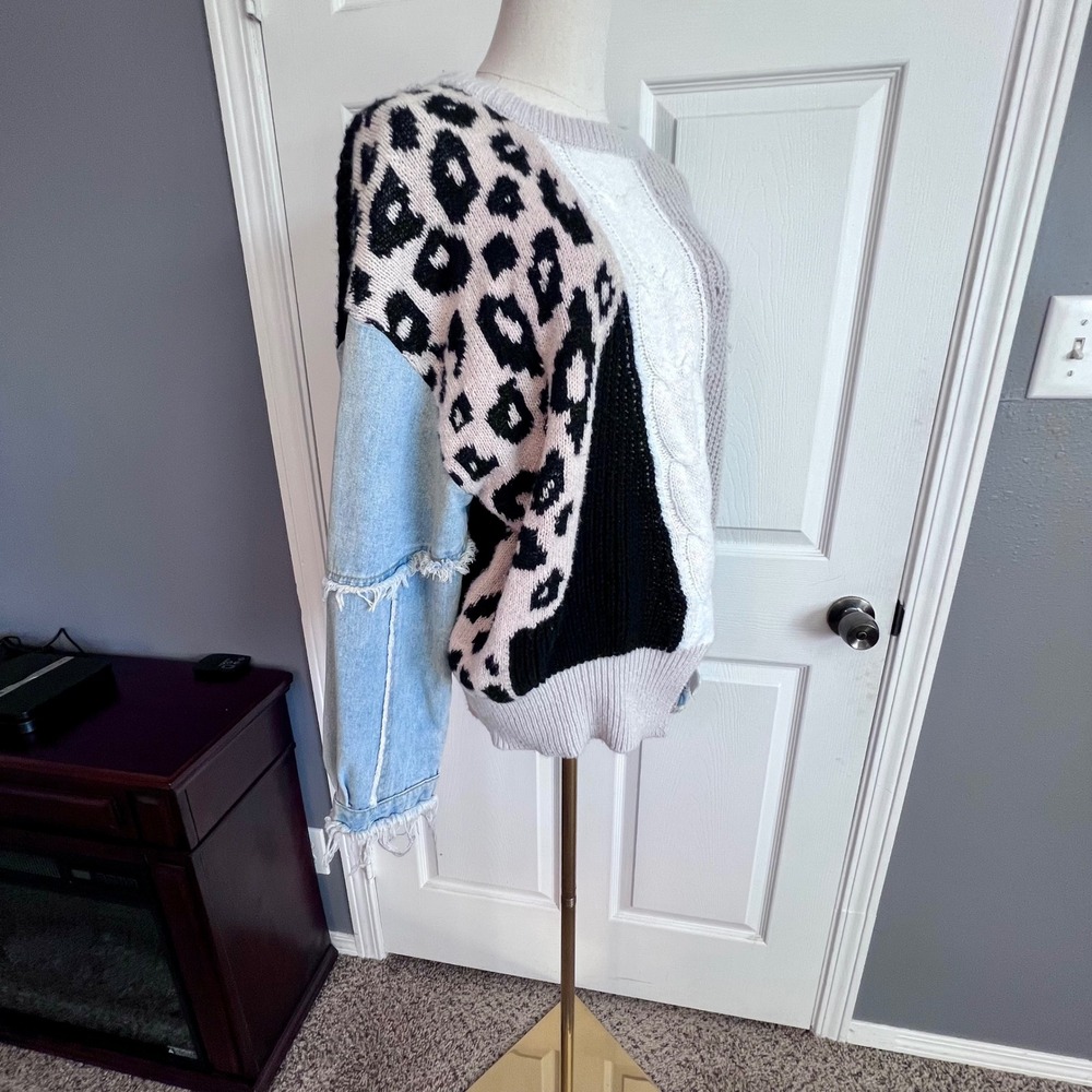 BiBi Mixed Media Patchwork Leopard Knit Sweater D… - image 2